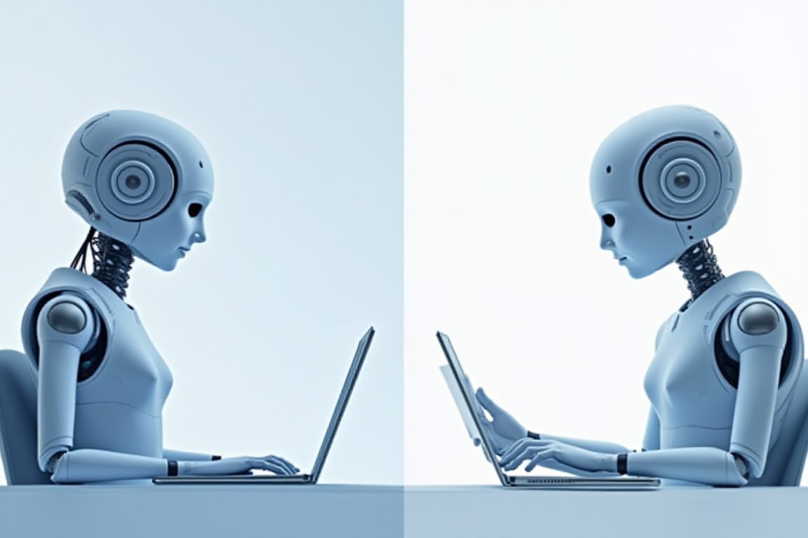 Split illustration comparing old chatbot vs new AI assistant working autonomously with emails and calendar, flat modern desig