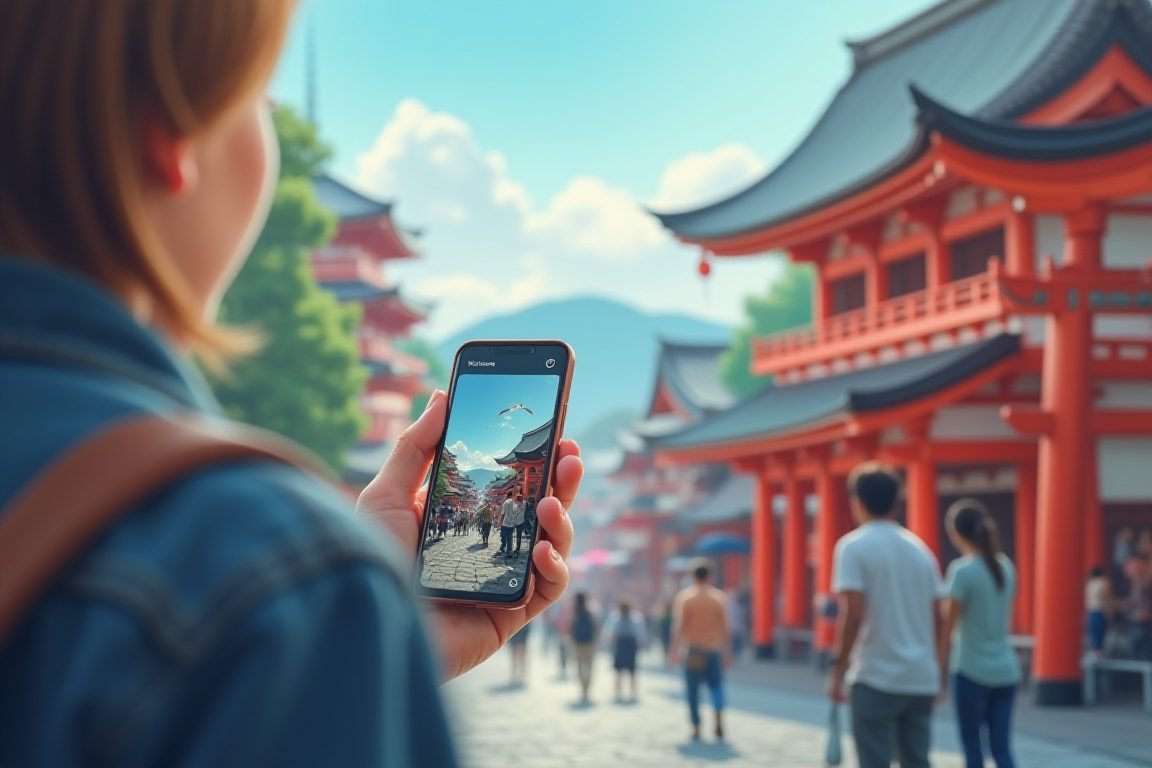 Person using smartphone to ask AI assistant about travel while in Japan, camera view analysis, vibrant lifestyle illustration