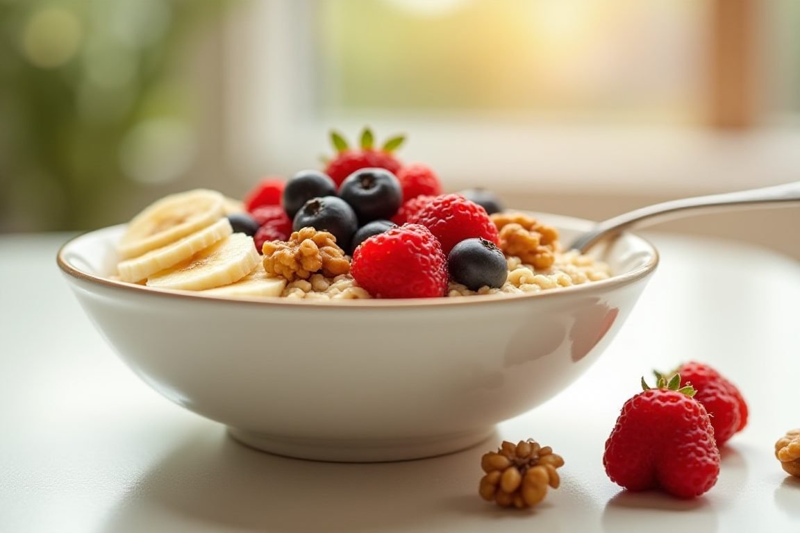 A bowl of oatmeal topped with fresh berries, banana slices and walnuts on a bright kitchen table, morning light