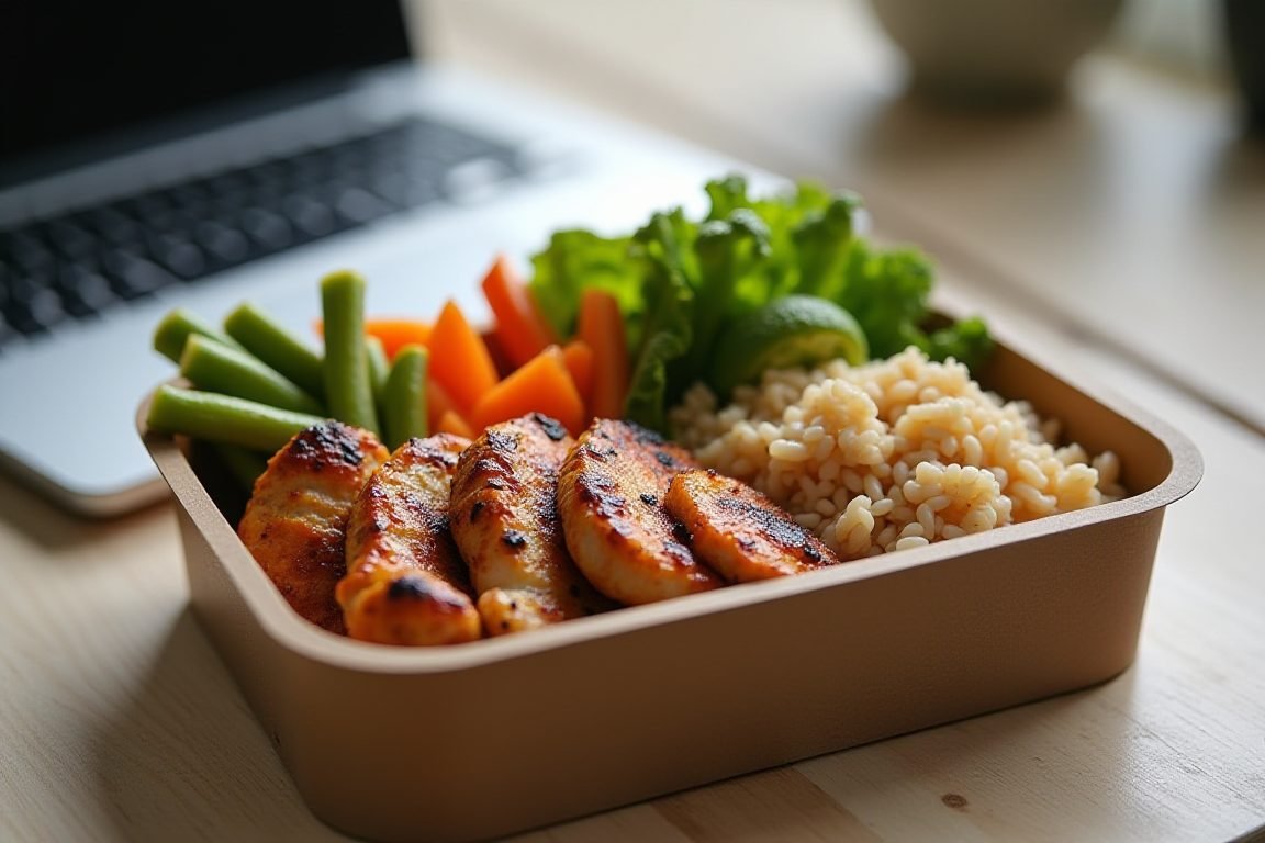 A healthy desk lunch in a bento box with grilled chicken, colorful vegetables and brown rice next to a laptop in an office