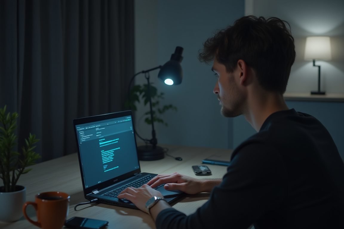 Person working at a desk talking to an AI assistant on a laptop, subtle glowing interface, modern minimal workspace