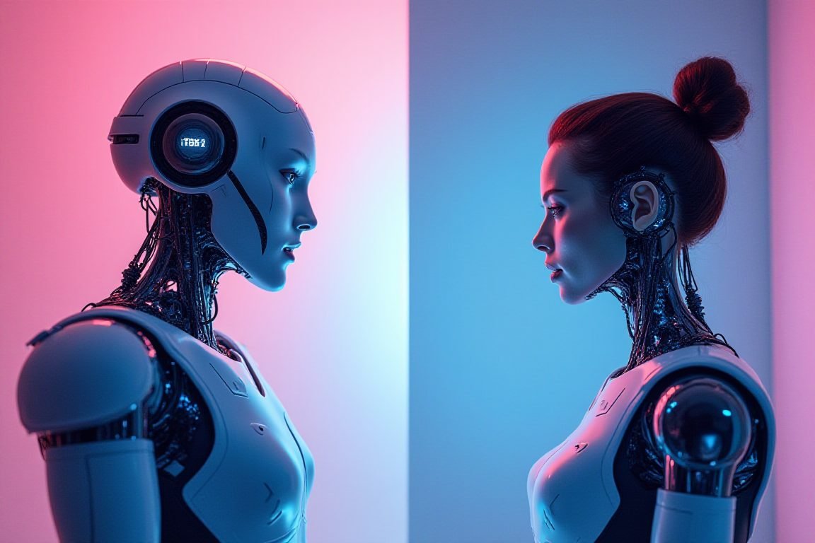 Split-screen concept illustration: old clunky chatbot on left, sleek futuristic assistant on right, bold colors
