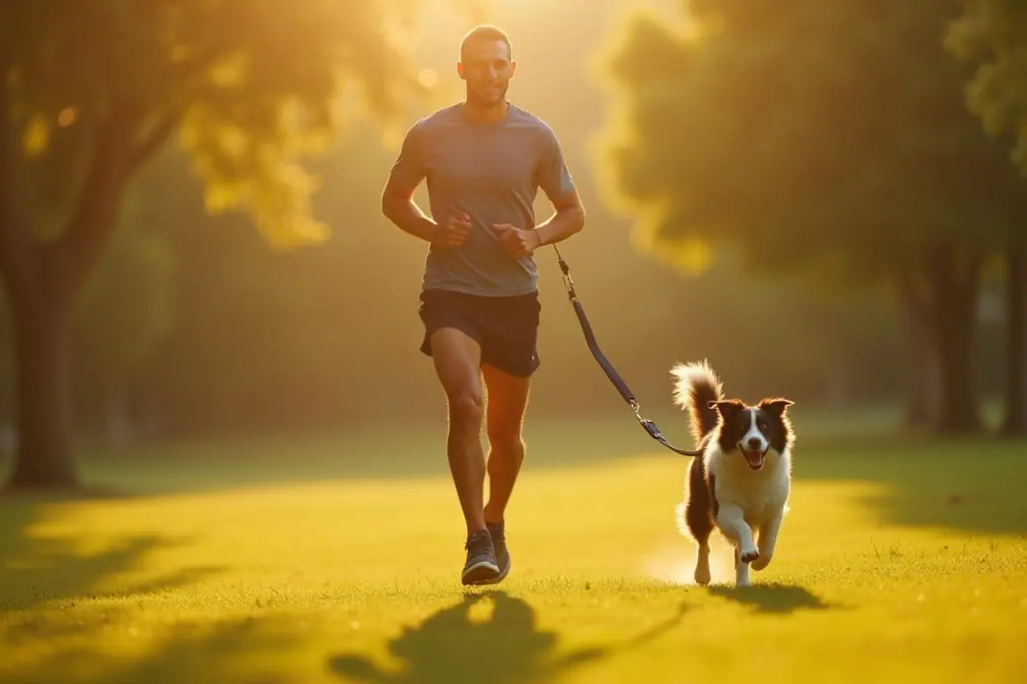 A jogger running in a park with an energetic border collie on a leash, morning light