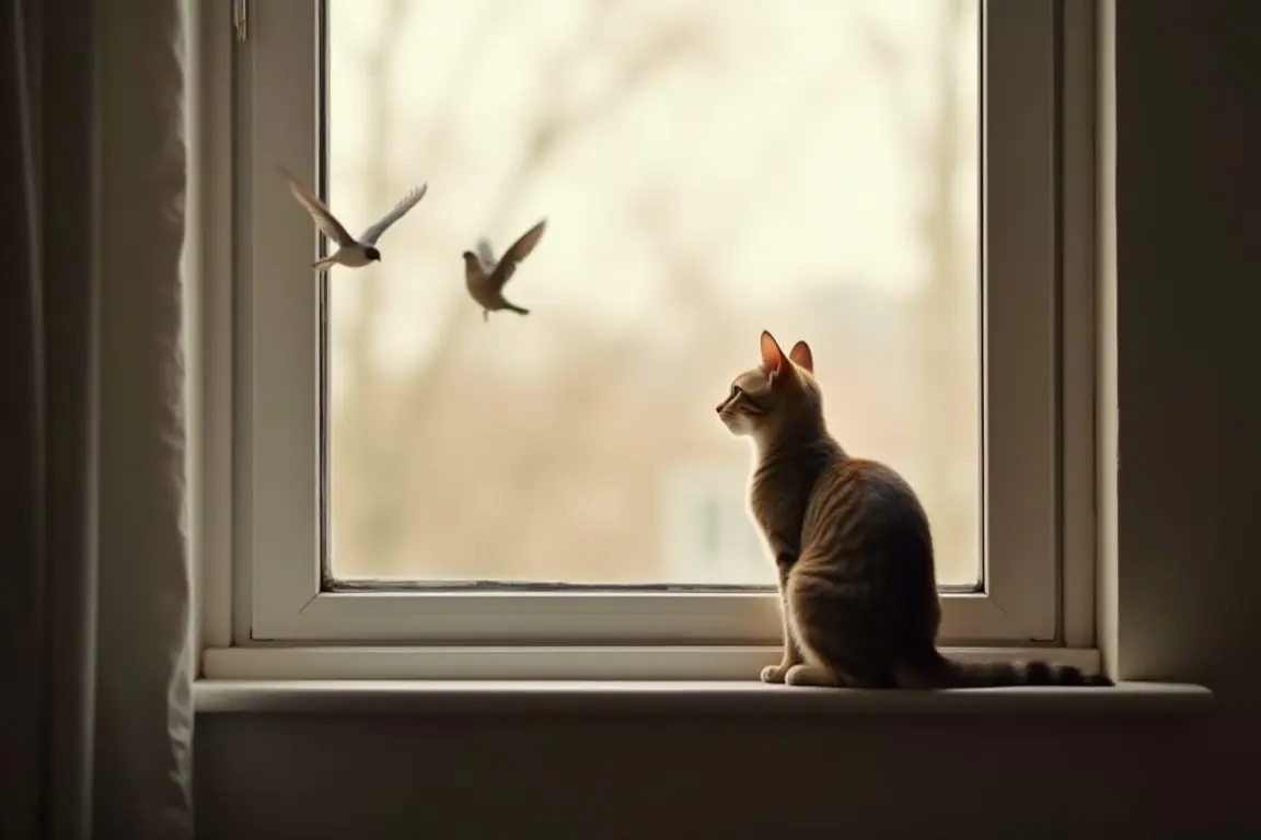 A quiet apartment scene with a calm cat sitting on a windowsill watching birds