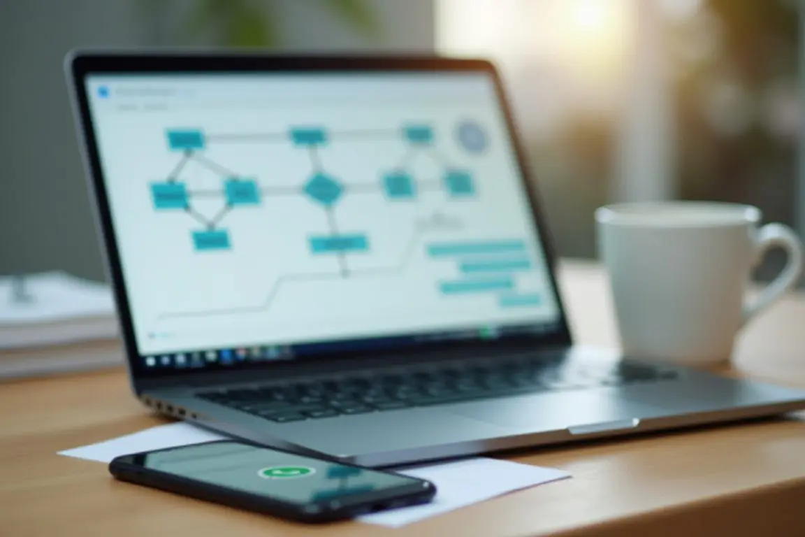 Close-up of a laptop screen showing a node-based automation workflow diagram with connected blocks, smartphone showing WhatsA