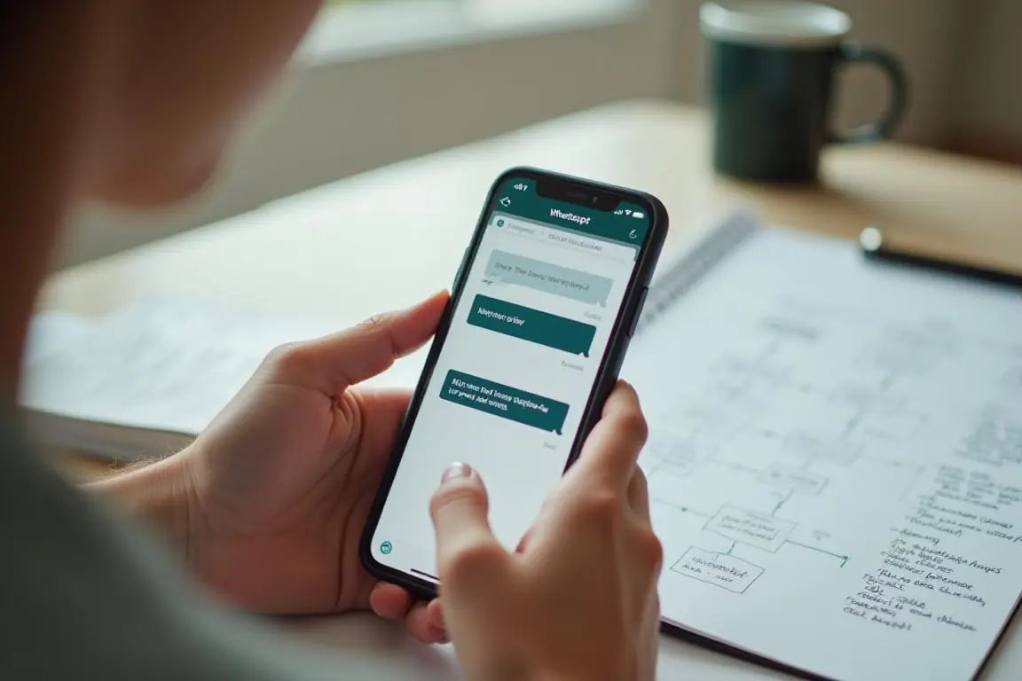 Person testing chatbot flow on a smartphone, pressing reply buttons on WhatsApp, notebook with handwritten flowchart beside, 