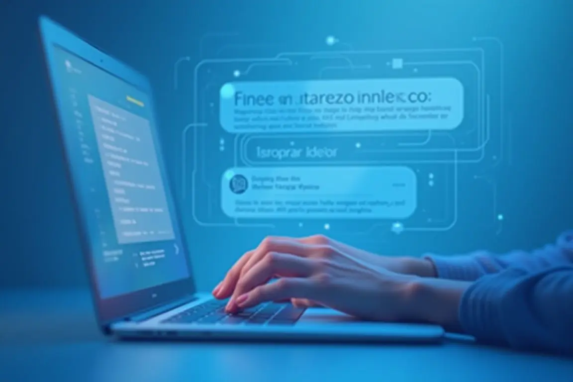 Illustration of a person typing on a laptop with AI text suggestions floating above the screen, soft blue tones