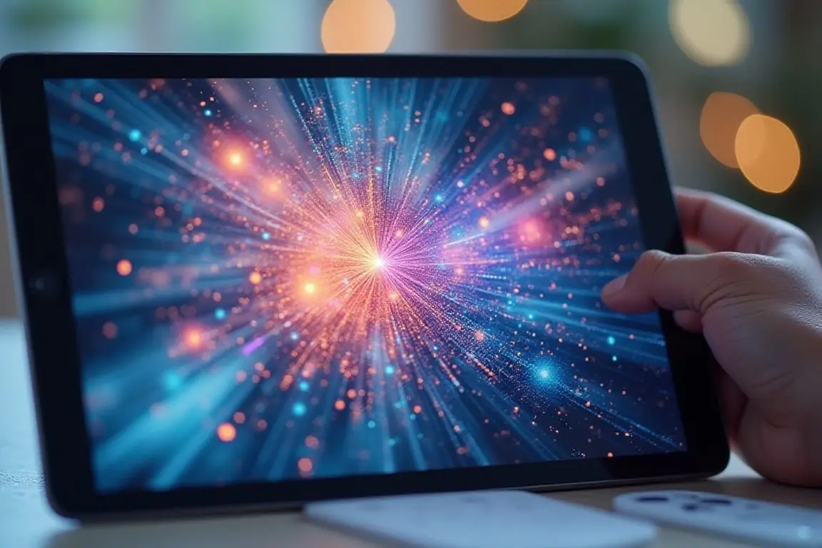 Split-screen design showing AI image generation on a tablet with colorful creative outputs, vibrant palette