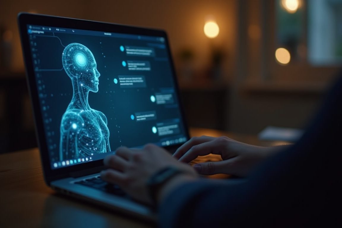 Person typing on laptop with AI chatbot interface glowing on screen, cozy home office, evening light