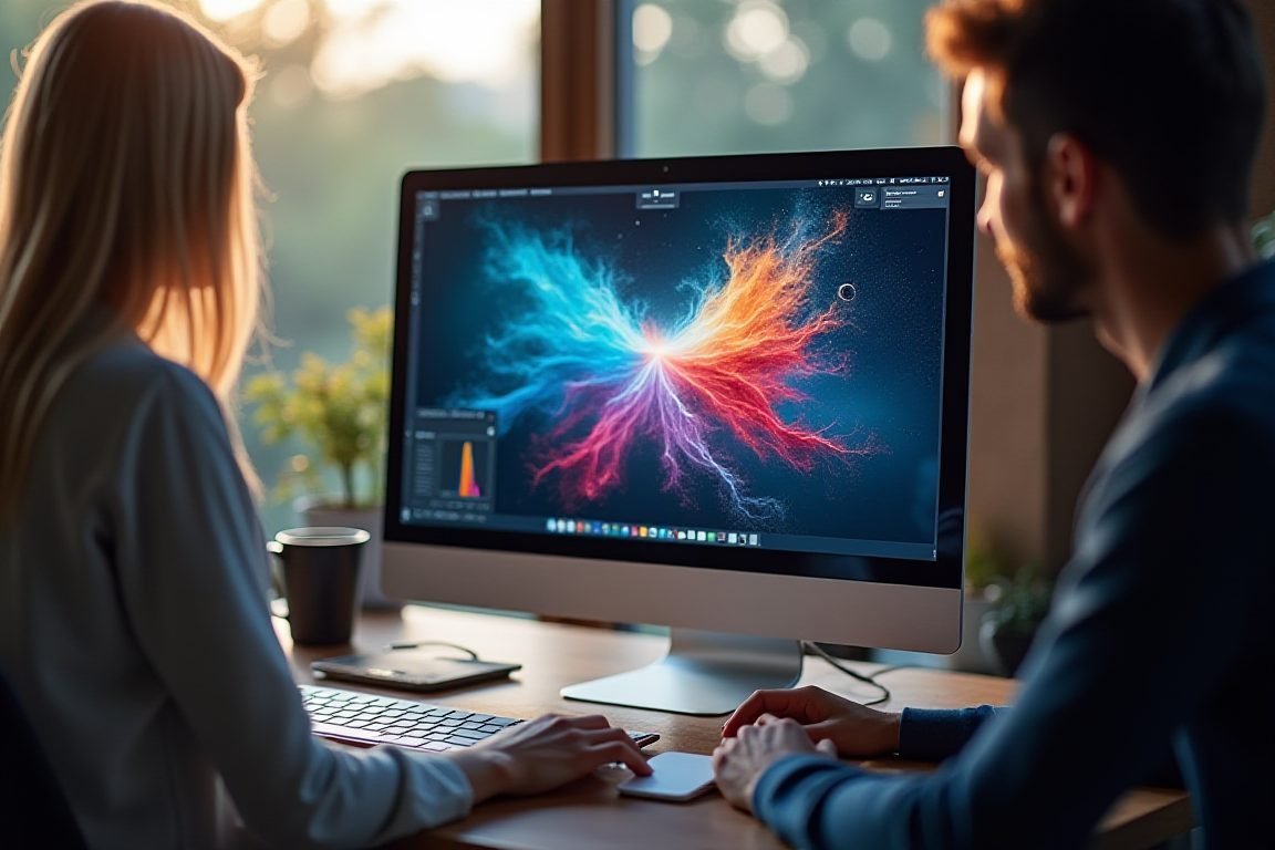 Designer using AI image generation tool on desktop computer, colorful abstract art appearing on monitor