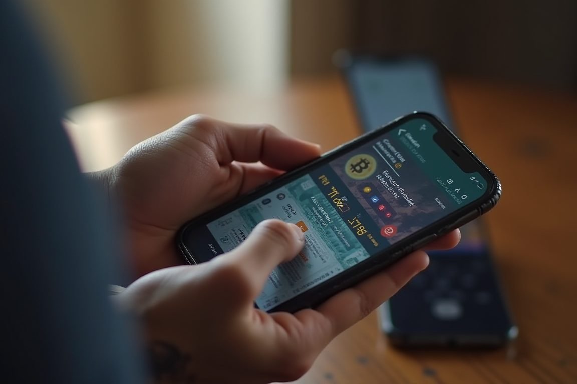 A person holding a hardware wallet next to a smartphone showing a crypto app, soft light, realistic photography