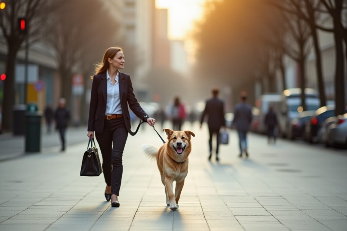 A busy professional walking a calm adult dog on a leash during a morning commute-style city street scene, natural daylight
