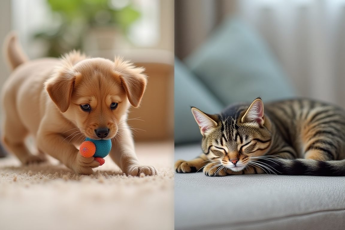 Side-by-side comparison photo: an energetic puppy playing with a toy versus a relaxed cat napping on a couch, split compositi