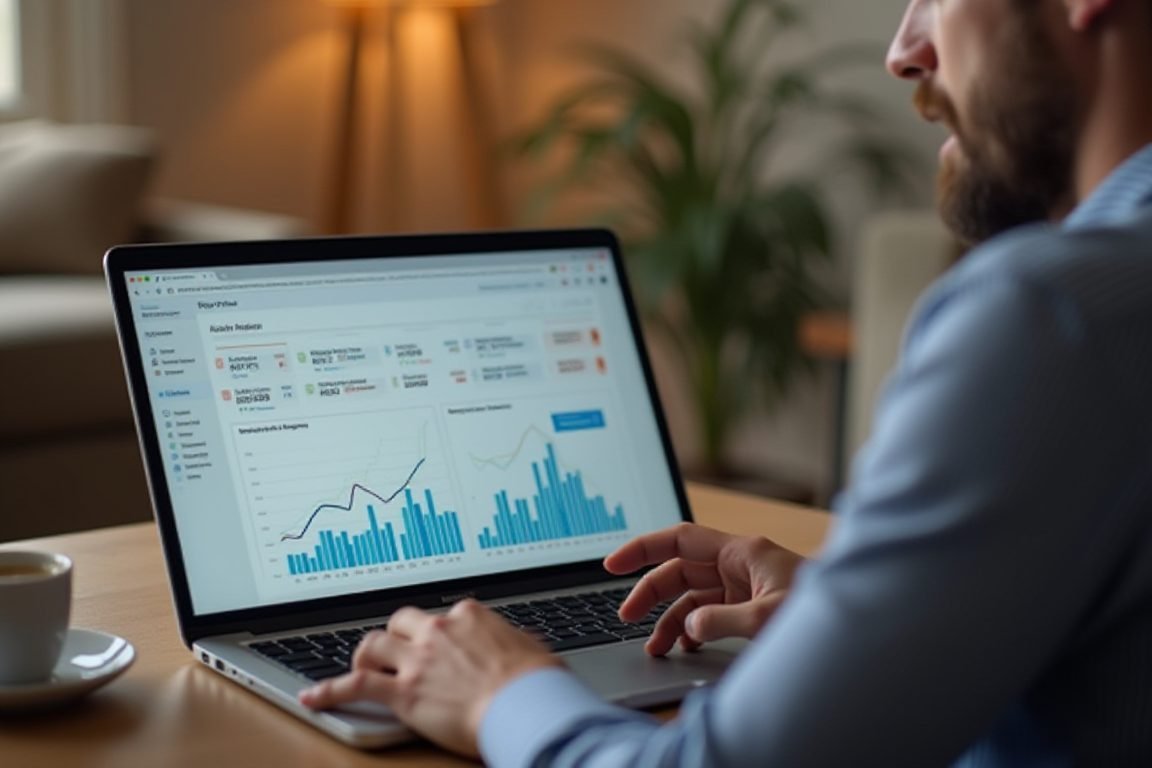 A laptop screen showing a dashboard of rising analytics charts, surprised man looking at the screen with coffee cup in hand,