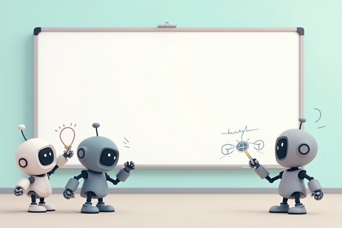 Cute cartoon AI robot characters arguing and collaborating around a digital whiteboard, drawing rules and fixing bugs, playfu