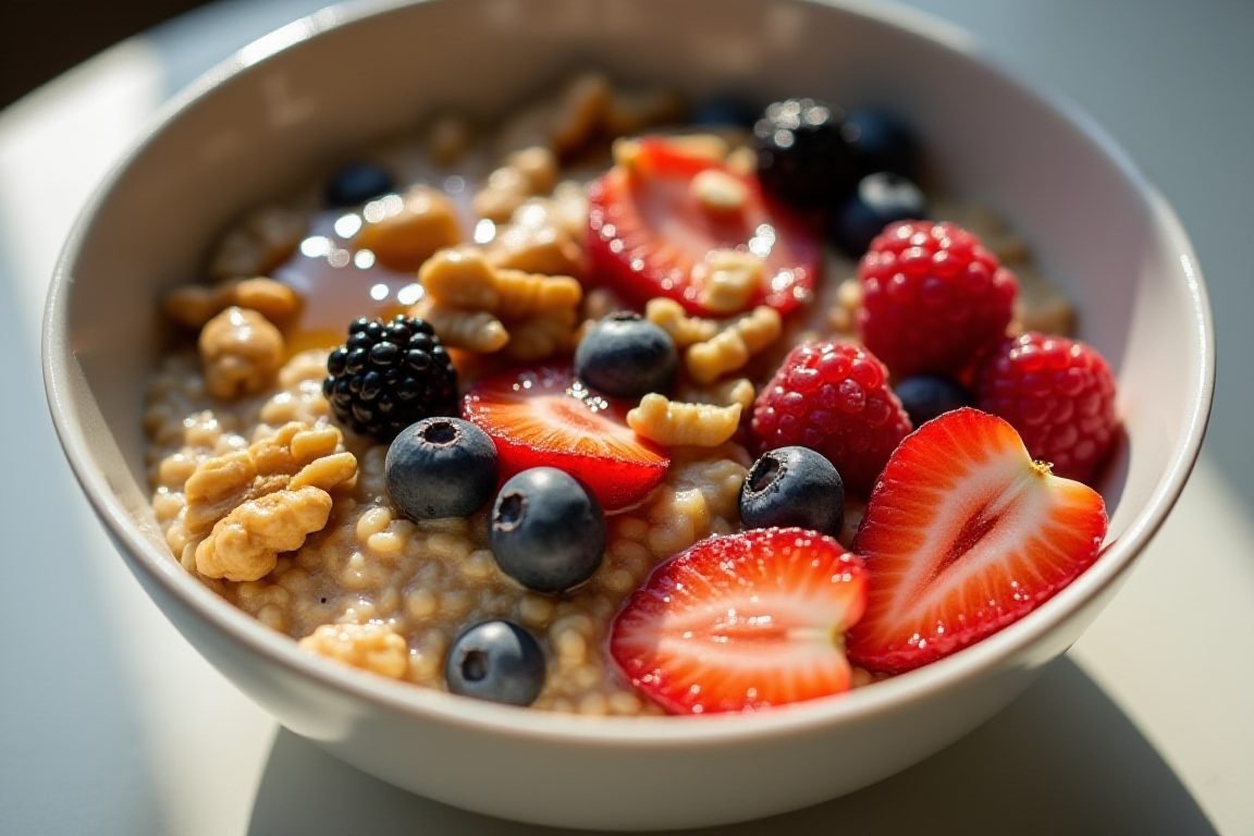 Close-up of a bowl of steel-cut oats topped with berries, walnuts, and a drizzle of honey in morning light