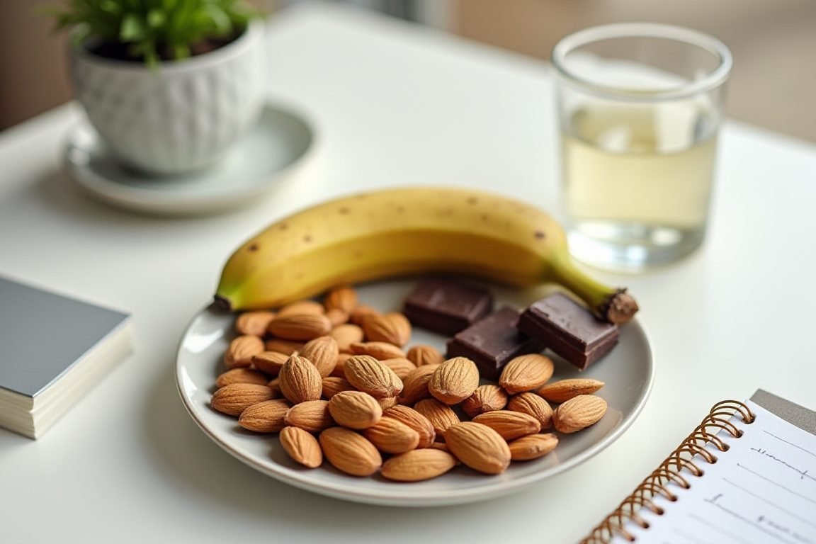 A desk snack plate with almonds, dark chocolate squares, a banana, and a glass of water next to a notebook