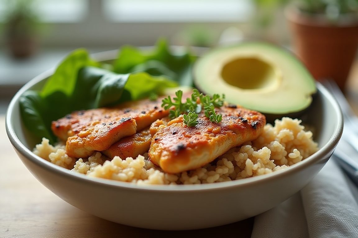 Close-up of a vibrant balanced lunch bowl with grilled chicken, brown rice, avocado and leafy greens on an office desk, soft 