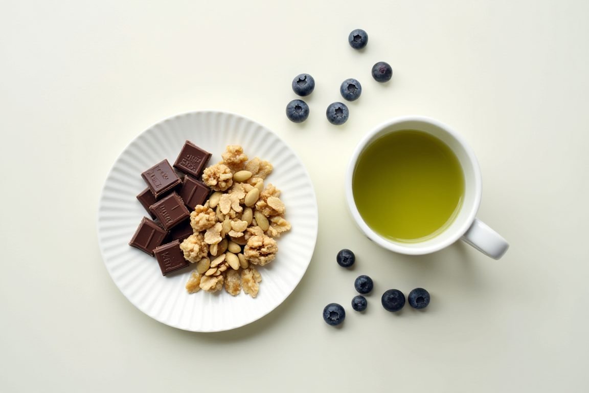 Flat-lay of brain-boosting snacks: walnuts, pumpkin seeds, dark chocolate squares, blueberries and a cup of green tea on a li