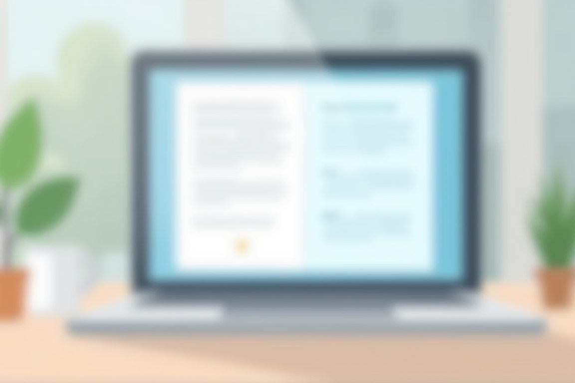 Flat illustration of AI writing assistant apps on laptop screen helping summarize a long document, minimal style, soft colors