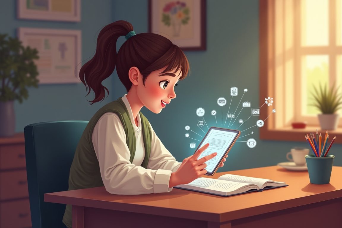 Illustration of a student using AI study apps on tablet with notes and summaries appearing, cozy study desk setting, warm lig