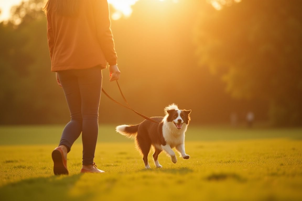 A young professional walking an energetic border collie in a park at sunrise, candid style