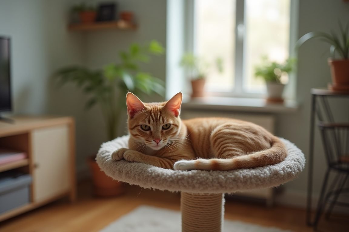 A quiet cat lounging on a cat tree in a small tidy apartment, soft window light