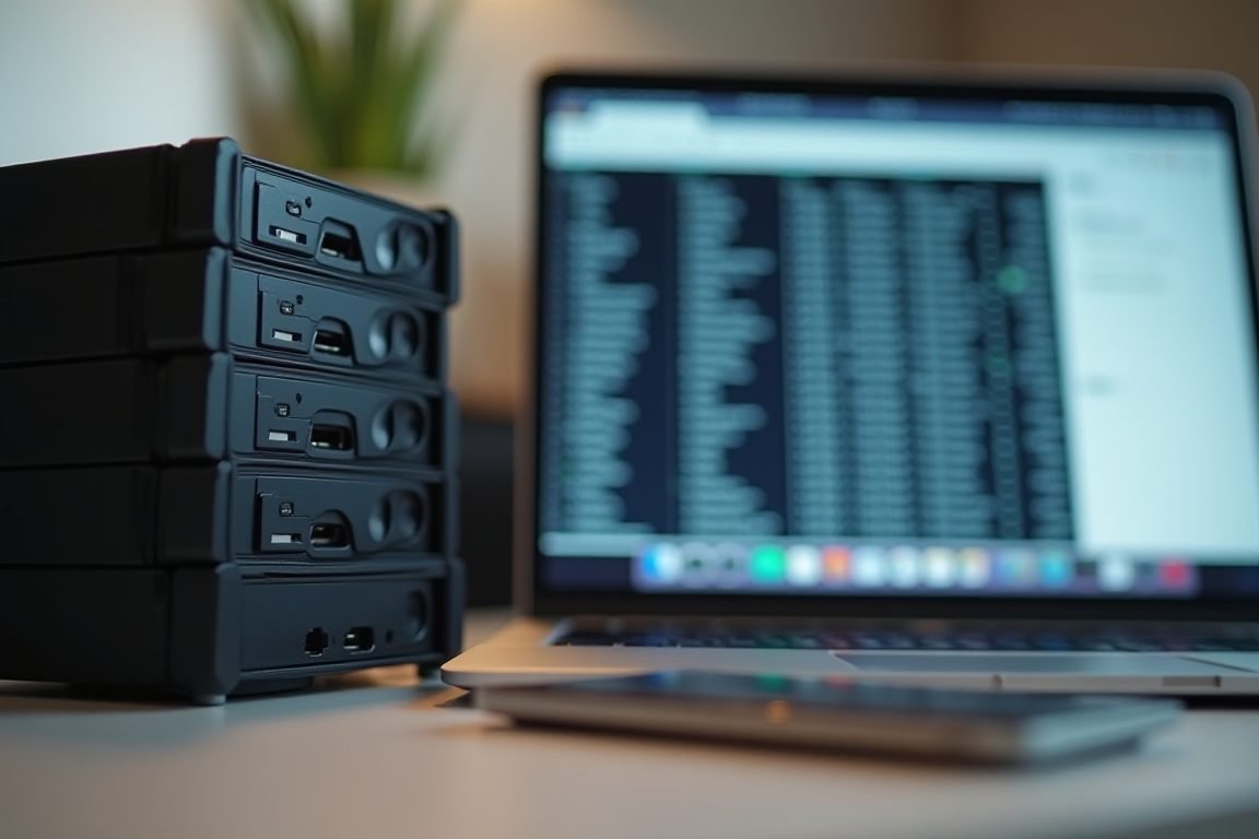 A stack of external hard drives next to a laptop showing a file explorer with enormous log files sized 20-30 GB, realistic de
