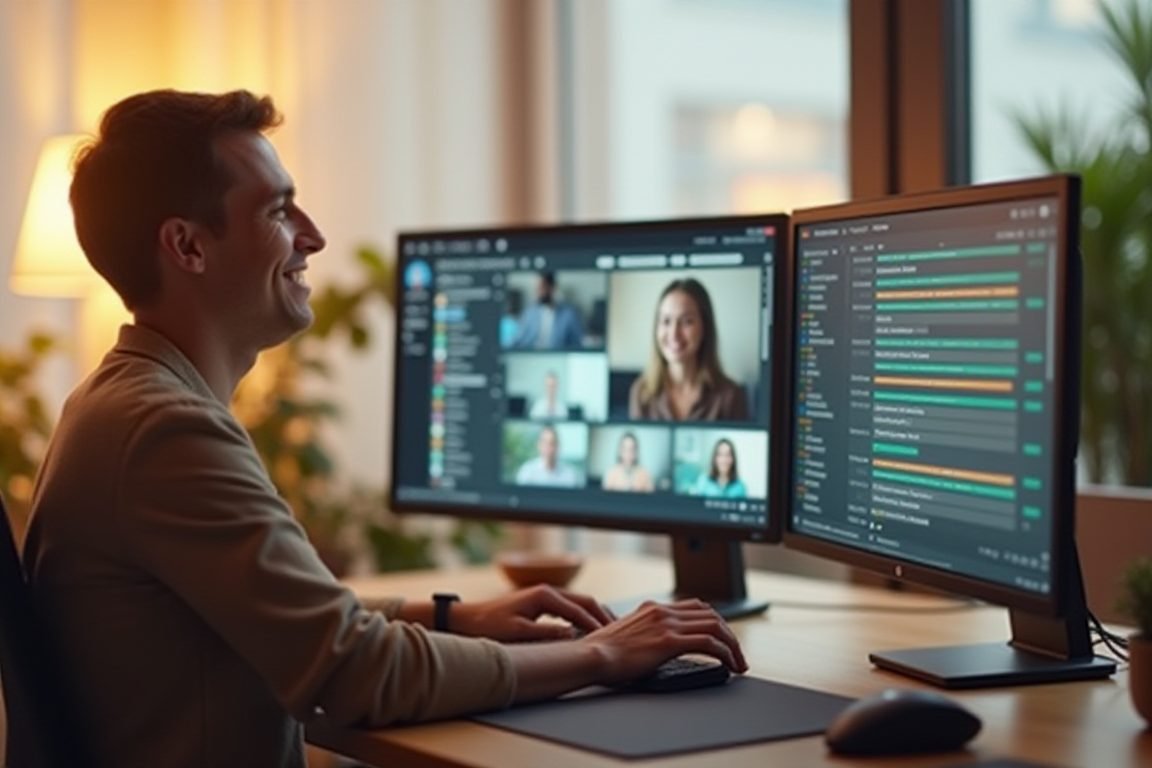Person working happily at a minimal desk with multiple screens showing AI chat interfaces, warm natural lighting, productivit