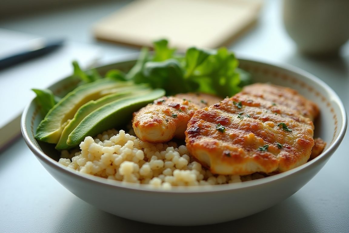 Close-up of a healthy lunch bowl with grilled chicken, quinoa, avocado and leafy greens on an office desk next to a notebook