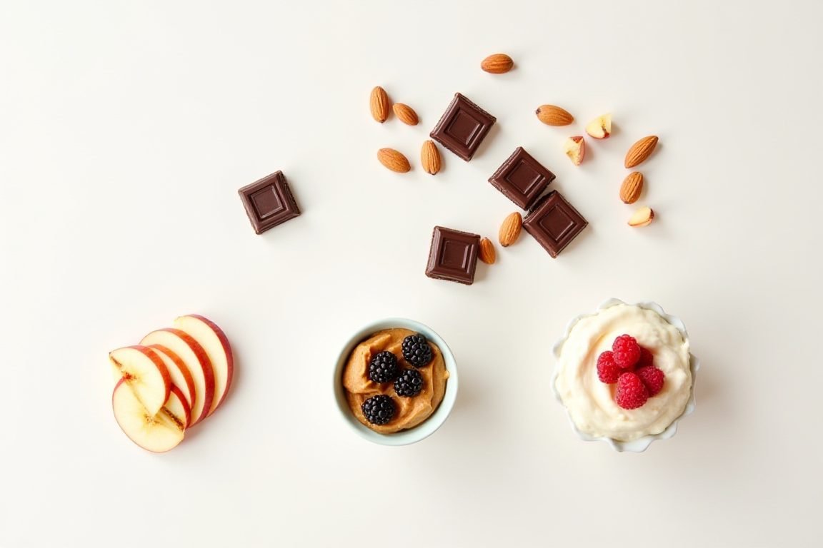Flat-lay of focus-boosting snacks: dark chocolate squares, almonds, apple slices with peanut butter, Greek yogurt with berrie