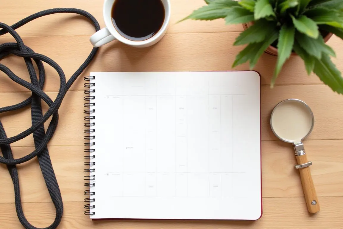 Overhead flat lay of a person's daily schedule notebook, coffee, and pet leash on a wooden desk representing time management 