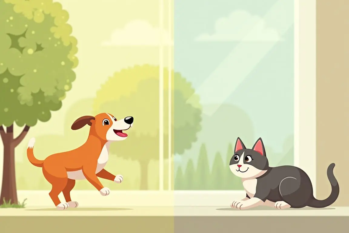 Side-by-side comparison illustration of a high-energy dog running in a park versus a cat lounging by a window, clean modern i
