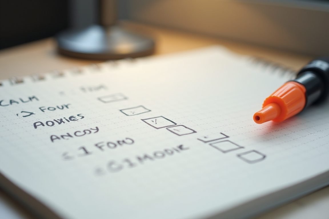 Close-up of an open dot-grid notebook showing handwritten trading notes with emotional state checkboxes (calm, anxious, FOMO)