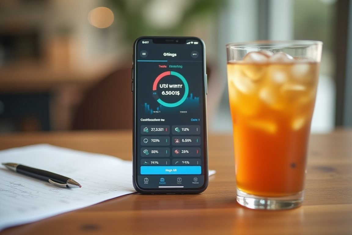 A smartphone displaying a trading statistics app comparing win rates, next to a cup of iced Thai tea on a wooden desk, casual