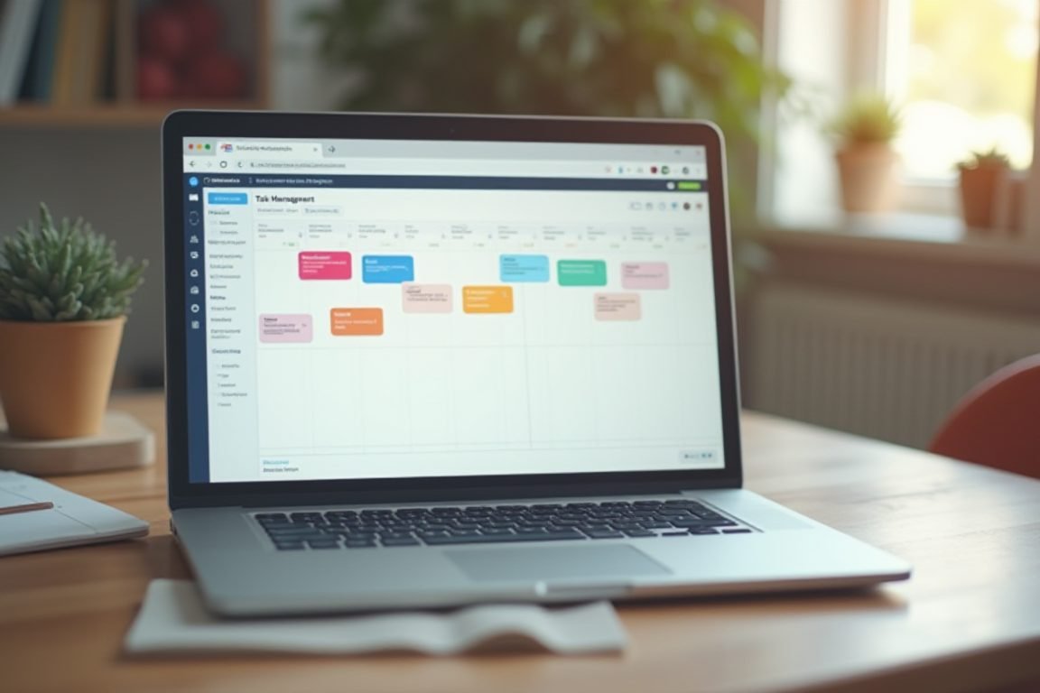 Laptop screen showing task management app kanban board with colorful cards, cozy home office background, close-up shot