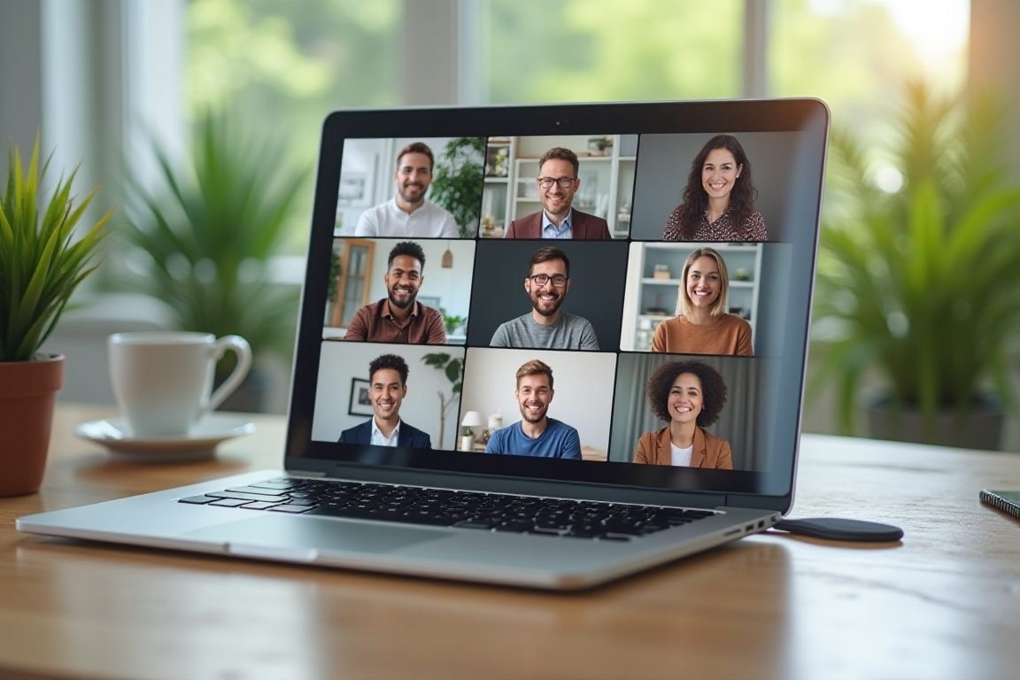 Video call on laptop with diverse team members in grid view, plants and coffee on desk, natural lighting