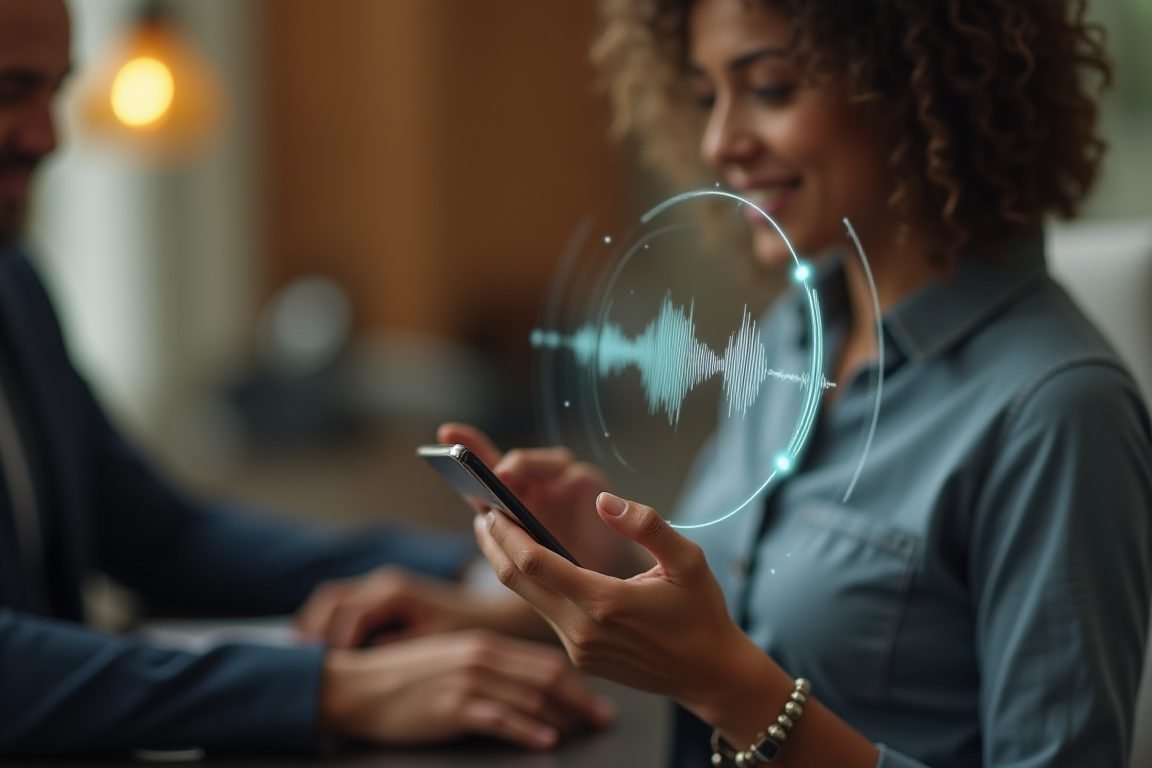 Person speaking to a smartphone with sound wave visualization, voice assistant concept, warm modern office setting, shallow d