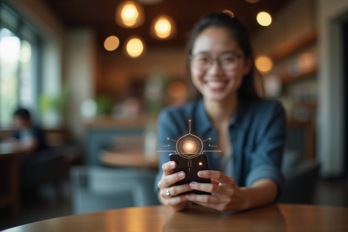 Smartphone showing AI chat assistant with glowing interface, person smiling while working at a coffee shop in Bangkok