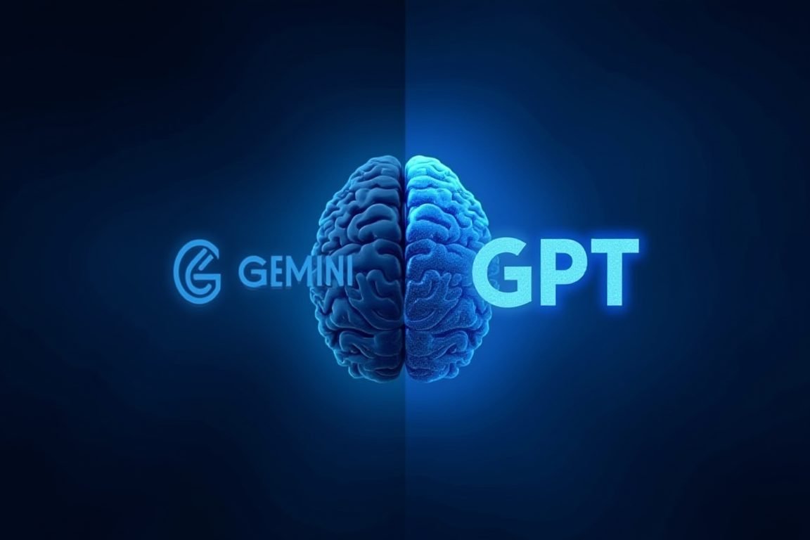 Split-screen concept of Gemini and GPT logos evolving into advanced AI brain graphic, futuristic blue tones