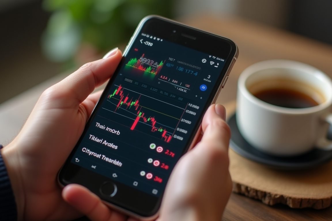 Close-up of hands holding a smartphone displaying colorful stock market news feed and candlestick charts, Thai coffee cup on 