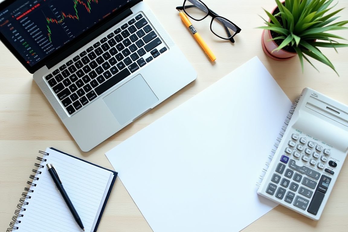 Overhead flat lay of a trader's desk: laptop with market data, paper trading journal, pen, highlighters, and calculator, clea