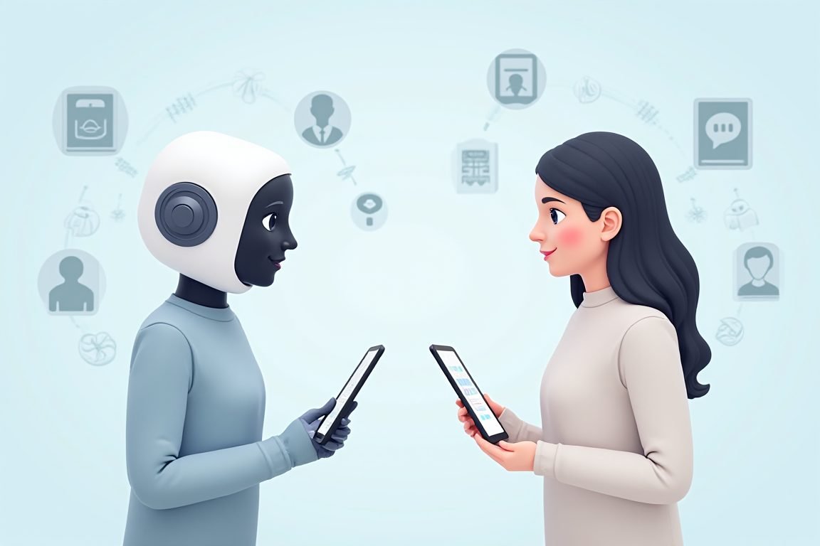 Comparison illustration of old chatbot vs modern AI assistant with connected apps around it, clean flat design