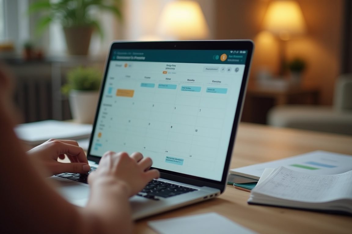 Person planning daily schedule on laptop with AI assistant interface, productivity workspace, warm lighting