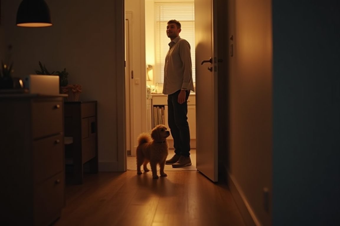 A tired office worker coming home late at night greeted by a happy small dog in a small condo apartment, warm evening lightin