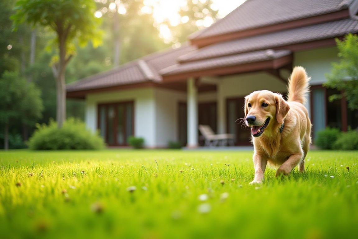 A spacious Thai house backyard with a golden retriever playing on green grass, sunny day