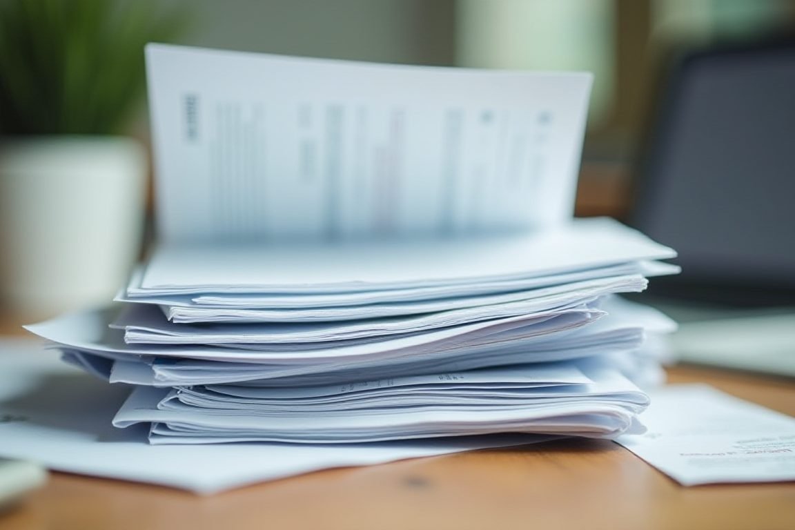 A chaotic computer folder full of mixed documents: invoices, receipts, contracts and a blurry phone photo of a delivery note,