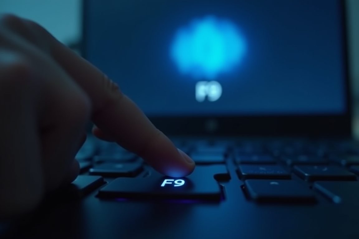 Close-up of a finger holding down the F9 key on a mechanical keyboard with a glowing blue voice assistant popup on the monito