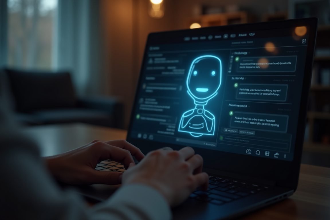 Person typing on laptop with AI chatbot interface glowing on screen, cozy home office