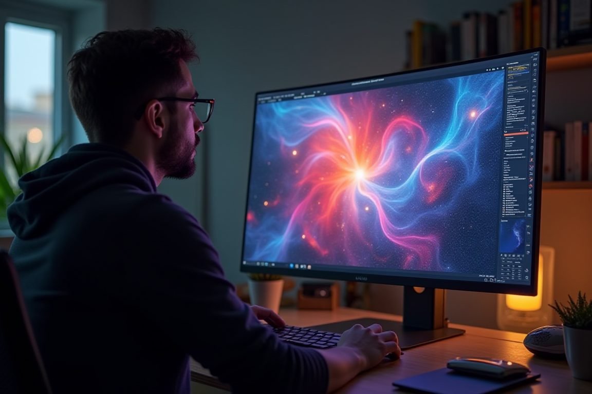 Designer using AI image generation tool on a large monitor, colorful generated artwork on screen